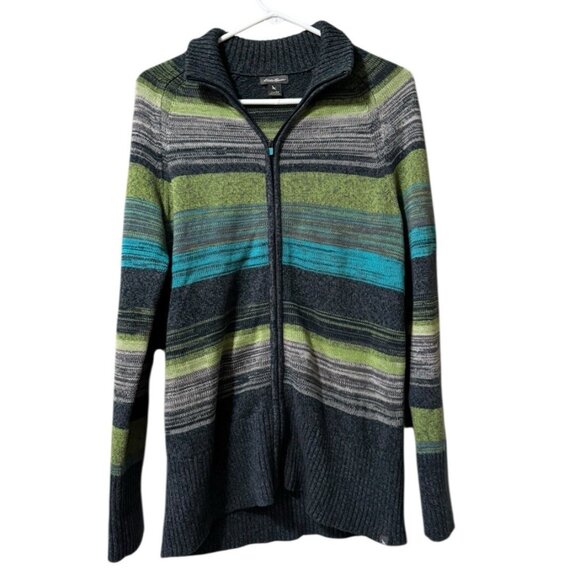 Eddie Bauer Women Size Medium Full Zip Cardigan Sweater Stretch Stripe Classic - Picture 1 of 15